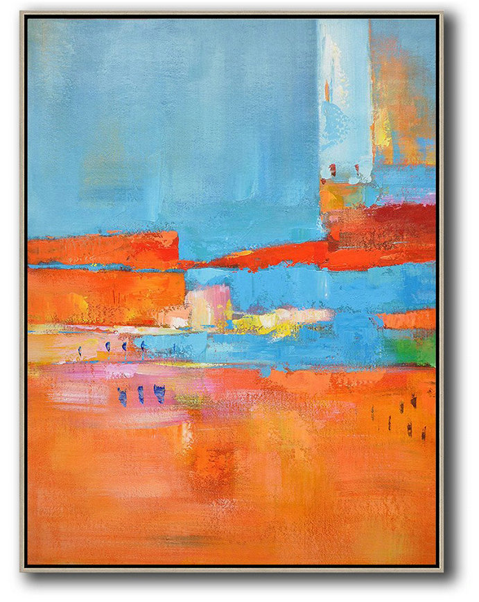 Large Abstract Art Handmade Oil Painting,Vertical Palette Knife Contemporary Art,Contemporary Art Acrylic Painting Red,Orange,Sky Blue,Pink